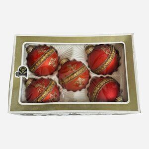 Vintage Krebs & Sohn Red Glass Christmas Ornaments Set of 5 Gold Glitter USA